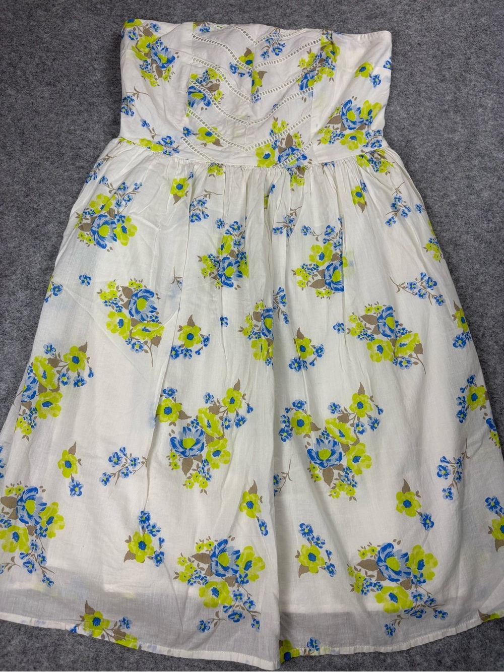 Old Navy Strapless Floral Sundress White Blue Lime Green Eyelet Midi Size 4.